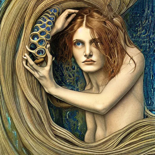 Image similar to eyes, tentacle-enabled underwater human descendant, futuristic painting by jim burns, edward burne-jones, dagon, hd 8k