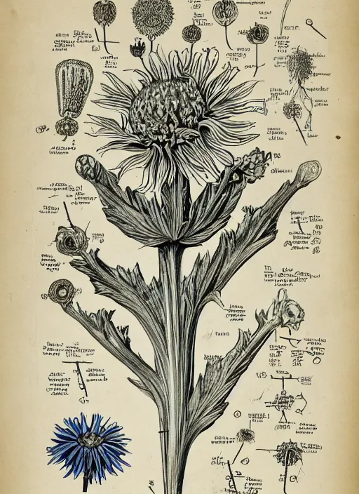 Prompt: centaurea cyanus, anatomy diagram, textless