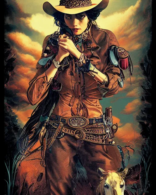Prompt: a cowgirl, midshot single subject, art poster, ambient lighting, detailed, by ayami kojima, makoto shinkai, kilian eng