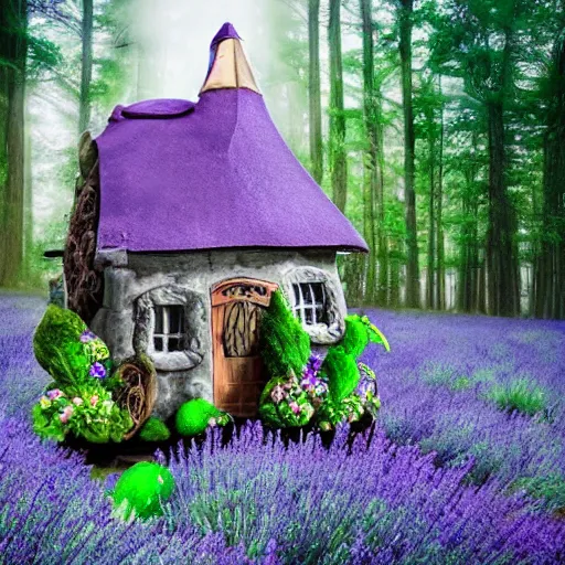 Prompt: a witch cottage made of candy, magical forest, lavender mist, floral, photography by ansel adams