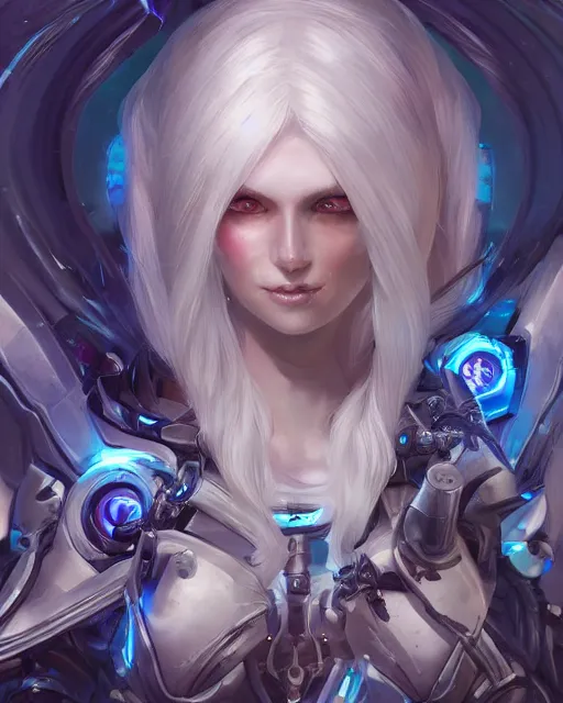 Image similar to holy cyborg necromancer girl, elegant, scifi, futuristic, utopia, garden, atmosphere, white hair, blue eyes, extreme detail, glow, intricate, full of colour, cinematic lighting, trending on artstation, detailed, 4 k, art by yuhong ding and chengwei pan and serafleur and ina wong