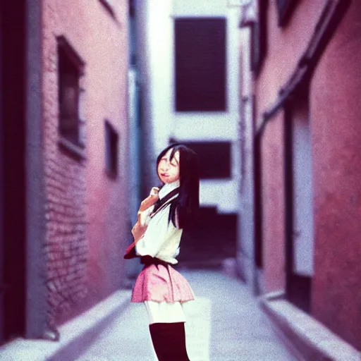 Prompt: 1990s perfect 8K HD professional cinematic photo of close-up japanese schoolgirl posing in sci-fi dystopian alleyway at evening, at instagram, Behance, Adobe Lightroom, with instagram filters, depth of field, taken with polaroid kodak portra