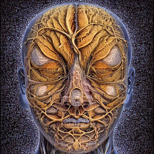 Image similar to face portrait, 150 mm, anatomical, flesh, flowers, mandelbrot fractal, veins, arteries, symmetric, intricate, golden ratio, full frame, microscopic, elegant, highly detailed, ornate, ornament, elegant , luxury, beautifully lit, ray trace, octane render in the style of peter Gric , alex grey and Romero Ressendi