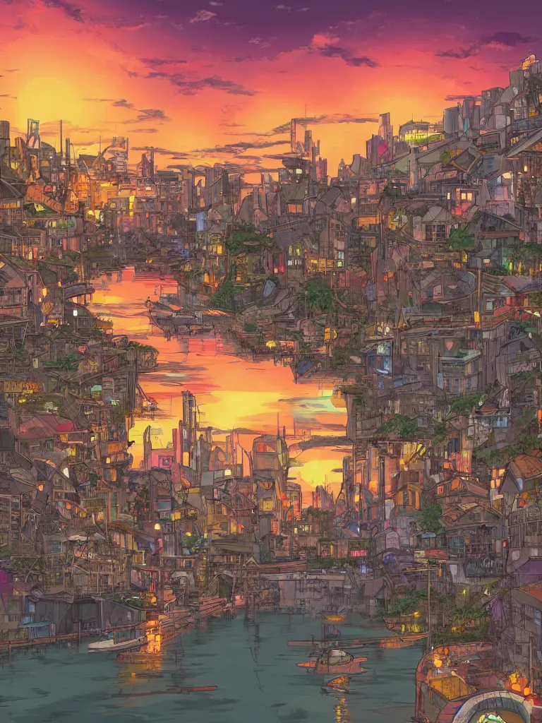 Image similar to a digital art of sunset, a metropolis beside the river, by studio ghibli and hayao miyazaki, highly - detailed, anime, deviantart