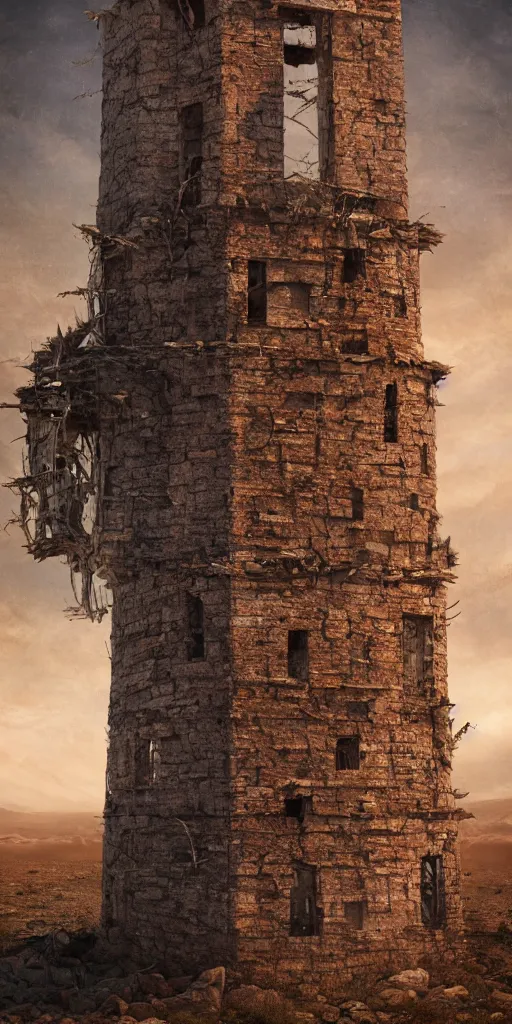 Image similar to an old decaying tower in the middle of a vast desert, fantasy, hyper realistic, atmospheric lighting, cinematic, 8k,