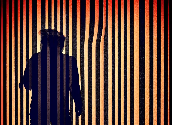 Prompt: Trump in striped prison outfit handcuffed, Mads Berg, Karolis Strautniekas,stippled light, dramatic lighting,fine texutre, editorial illustration,matte print, film noir, dark blue+dark orange+orange+beige+black+white,dynamic composition,moody