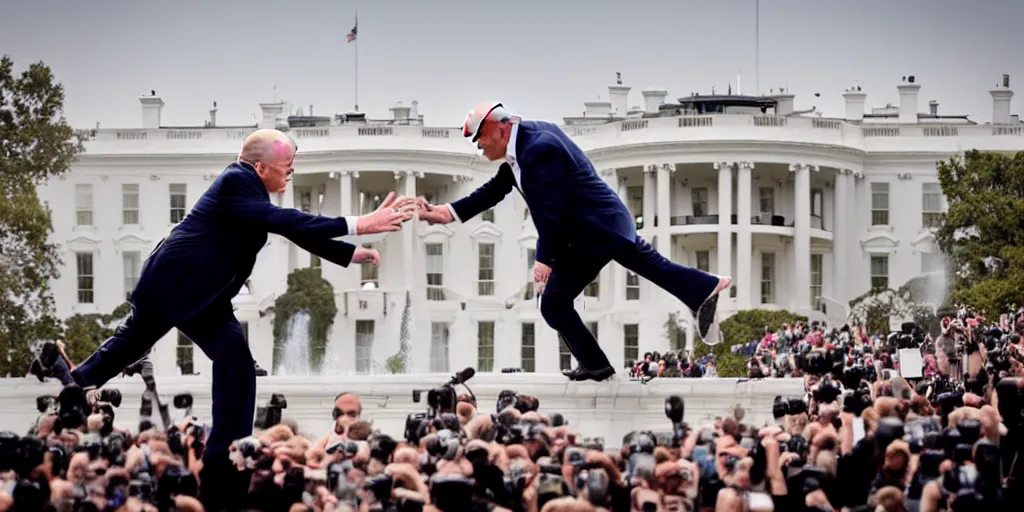 Prompt: a professional cinematic photo of donald trump fighting mark zuckerberg on top of white house. extremely high fidelity. key light.