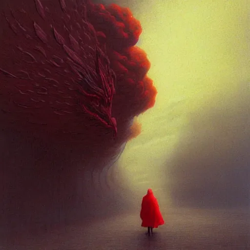 Image similar to grandmother from anime is walking on the pavement and is attacked by big red dragon, big red wings, before the storm, distant lightings in the clouds, beksinski style