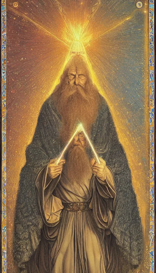 Prompt: the emperor, tarot design, taurus, mars energy, ankh scepter in his hand, wisdom, long white beard, agostino arrivabene