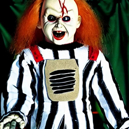 Image similar to Chucky the killer doll as Beetlejuice