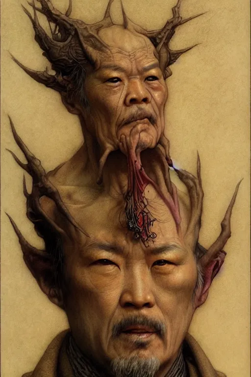 Image similar to a portrait of fu lu shou by wayne barlowe, gustav moreau, goward,  Gaston Bussiere and roberto ferri, santiago caruso, and austin osman spare, ((((occult art))))