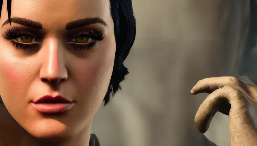 Image similar to closeup fallout 4 character screenshot of katy perry, enb, ambient occlusion, subsurface scattering, solo portrait, 4 k, bokeh, beautiful, detailed