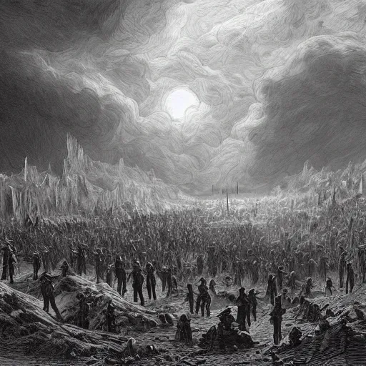 Prompt: apocalyptic landscape, fallout, soldiers, people in gasmasks, dark clouds, dark, eerie, dystopian, city, end times, illustration by Gustave Doré