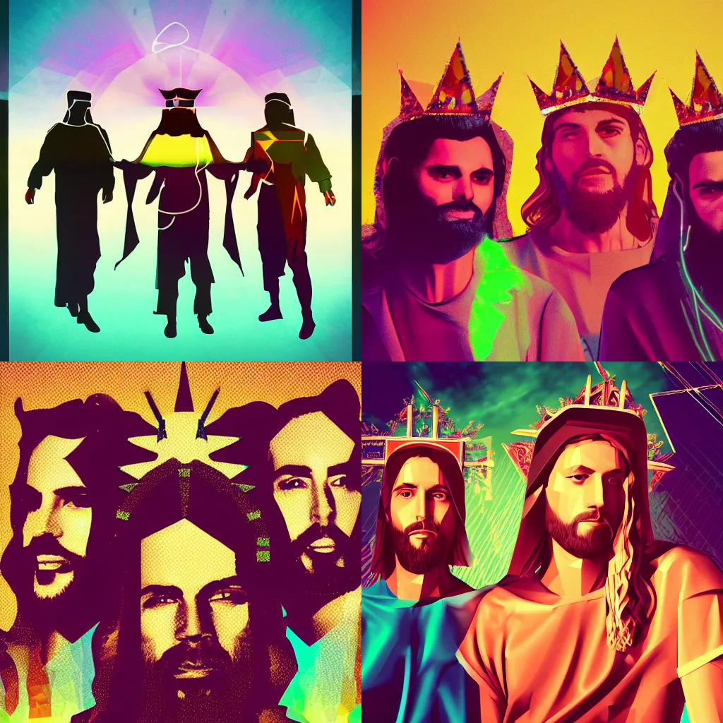 Prompt: high quality photo of three jesuses wearing crowns, digital art, polygonal art, cyberpunk, synthwave