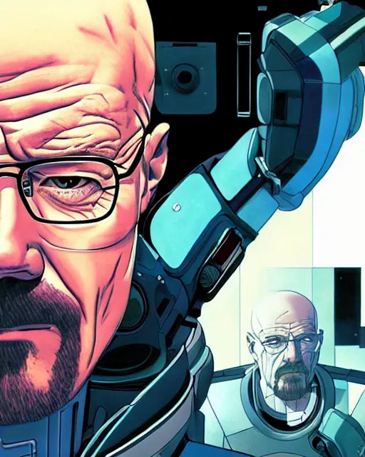 Image similar to portrait of walter white as a robot, cybernetic enhancements, art by makoto shinkai and alan bean, yukito kishiro