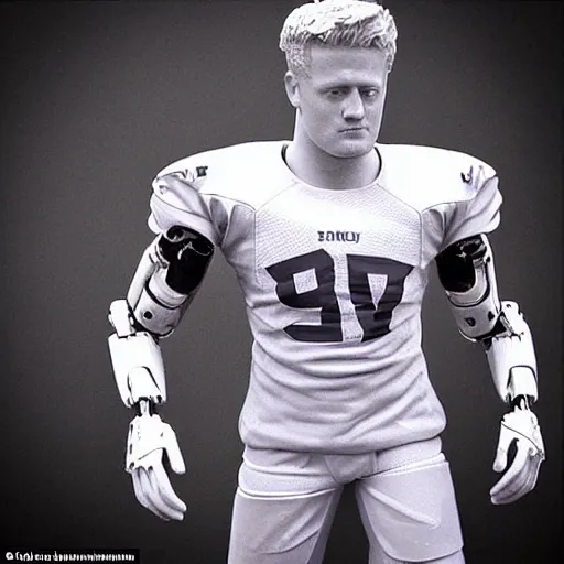 Image similar to “a realistic detailed photo of a guy who is an attractive humanoid who is half robot and half humanoid, who is a male android, football player JJ Watt, shiny skin, posing like a statue, blank stare”