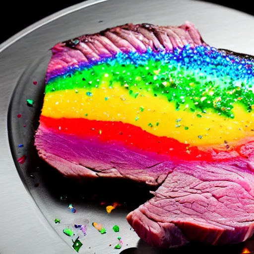 Image similar to a prime unicorn steak. rainbow colored meat with glittery marbling