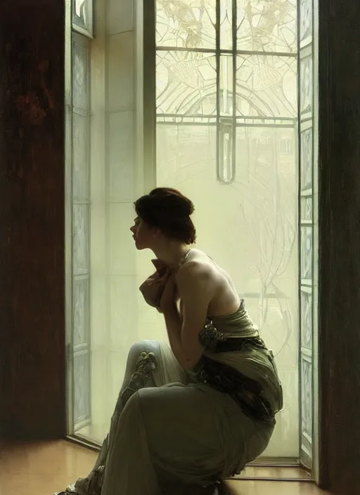 Prompt: a portrait of beautiful woman sitting on the floor, inside a apartment with art nouveau architecture, detailed oil painting, misty, ethereal, dramatic lighting, 8 k, by ruan jia and alphonse mucha and jeremy mann