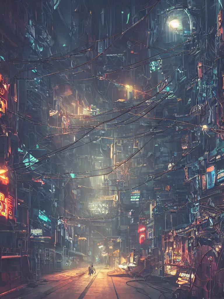 Image similar to futuristic dieselpunk street, cable stone ground. lots hanging cables, tiny wires on the ground. narrow, garbage on the ground. rain. fog, haze, evening. led screens. neon signs. very sharp. cables on the ground. very messy. futuristic. photorealistic. artstation. anime. studio gimbli style. golden rate.