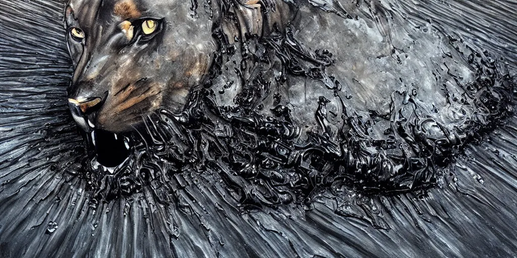 Image similar to the black lioness made of tar, dripping tar, drooling ferrofluid, melting through an air vent. painting, environment art, realistic, detailed