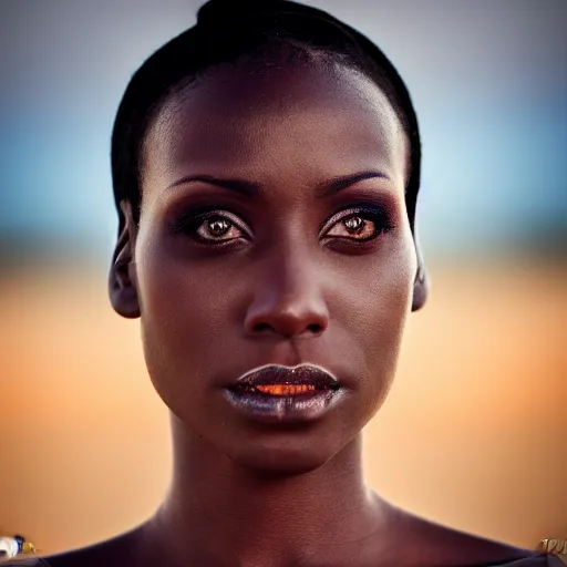 Image similar to portrait face of a beautiful gorgeous black edgy model girl with short hair, bikini, big leaps, blue eyes, she's sad, sunset, street of africa, 8 0 mm lens, 1. 2 aperture, grainy image, close up, cinematic light, 8 k, 4 k, very detailed, depressing atmosphere, cover magazine