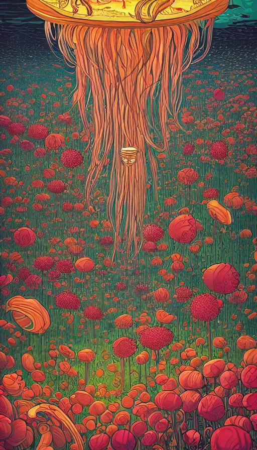 Image similar to The flowery land of the jellyfish, italian futurism, Dan Mumford, da vinci, Josan Gonzalez