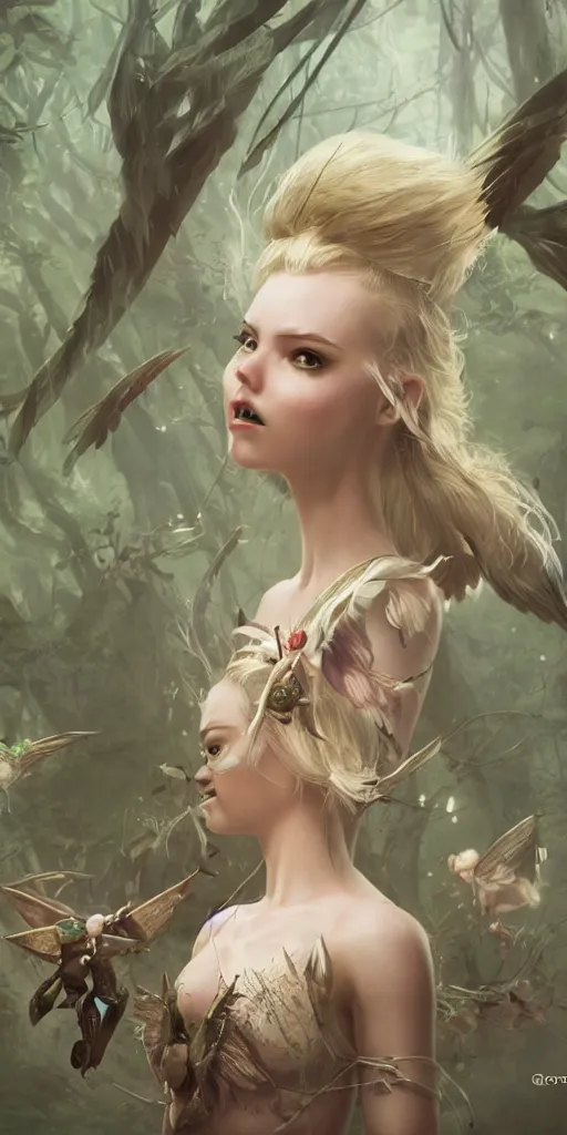 Prompt: evil tinker bell flying in an enchanted forest, flawless symmetrical pretty cute face, greg rutkowski, 8 k, shallow depth of field, intricate detail, concept art,