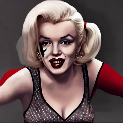 Prompt: Marilyn Monroe as Harley Quinn hyper realistic 4K quality