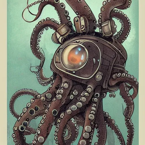 Prompt: 1 9 5 0 s retro future robot android octopus. muted colors. by jean baptiste monge