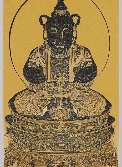 Image similar to detailed pen illustration of an anthropomorphic asian black bears head on Buddhist bodhisattva body, seated in royal ease, 0.1 black micron pen, gilded gold halo behind head, highly detailed, fine pen work, religious iconography, white background