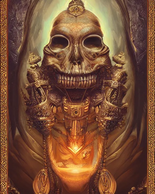 Prompt: digital painting of supay, incan god of death, by filipe pagliuso and justin gerard, symmetric, fantasy, highly detailed, realistic, intricate, sharp focus, tarot card