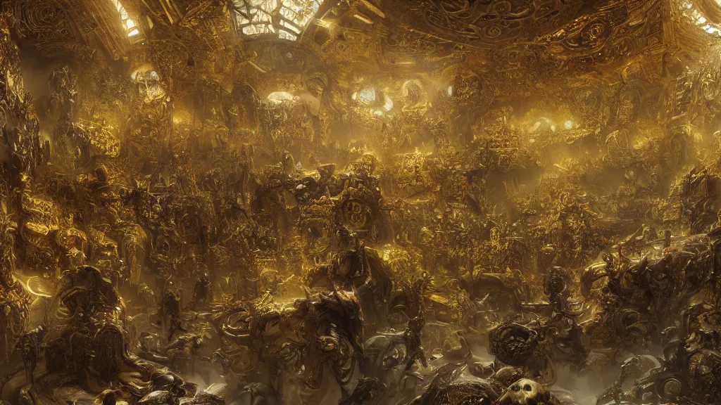 Image similar to halls of Valhalla covered in gold and skulls, decorated with snakes and runes, digital art by Ruan Jia, Rudolf Béres, James Zapata, Jamey Jones