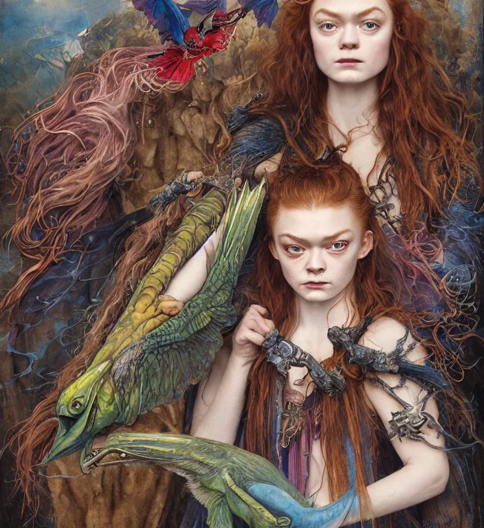 Prompt: a portrait photograph of a meditating fierce sadie sink as a colorful harpy super hero with scaled skin. she is trying on skin grafts and transforming into a slick amphibian. by tom bagshaw, donato giancola, hans holbein, walton ford, gaston bussiere, peter mohrbacher and brian froud. 8 k, cgsociety