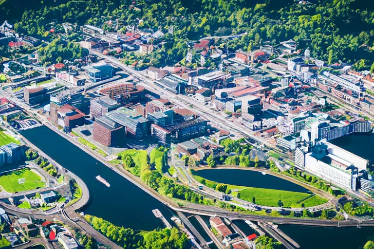 Image similar to bird's eye view photography of a small city. town hall, central farm, monorail station, inlet and shipping dock. hills, woods and pond to the north.