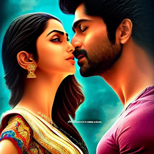 Image similar to perfectly centered bollywood movie promotional poster of anatomically correct hero and heroine side profile faces symmetrical ; real life portrait, ultra realistic, high coherence, intricate, hdr, highly detailed, photorealistic, octane render, 8 k, unreal engine ; romantic theme, two lovers sharing one heart ; art by artgerm, greg rutkowski, charlie bowater