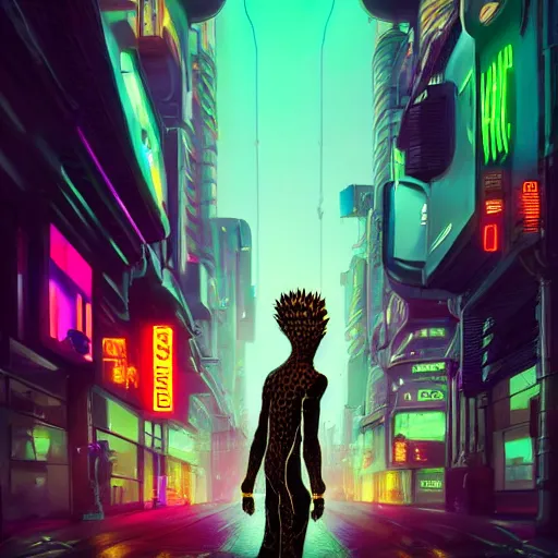 Image similar to a beautiful commission of an anthropomorphic cheetah wearing a neon jacket with mohawk hair,standing on the street,futuristic,detailed face,character design by charles bowater,mohawk,cyberpunk style,deviantart,artstation,art by greg rutkowski,ross tran,professional lighting,neon city,night,raytracing,rtx