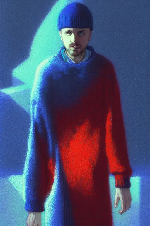 Prompt: portrait of jesse pinkman as sapphire herald in an elegant winter sweater, by makoto shinkai, by akihiko yoshida, by zdzislaw beksinski, by dariusz zawadzki, artbook, tone mapped, deep blues, shiny, soft lighting