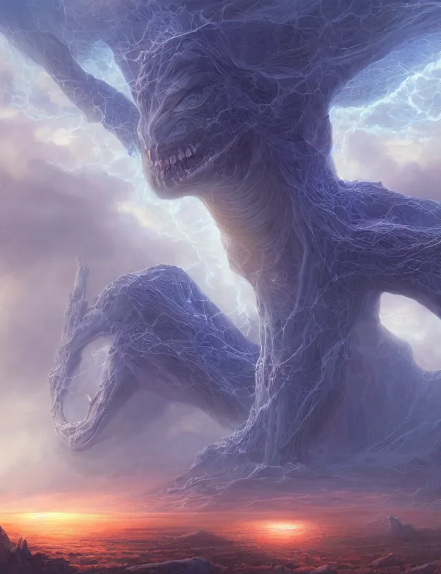 Prompt: A terrifying giant monster made of soft gel, beautiful atmosphere, god rays, masterpiece digital painting by Alex Grey, Greg Rutkowski, 4k wallpaper