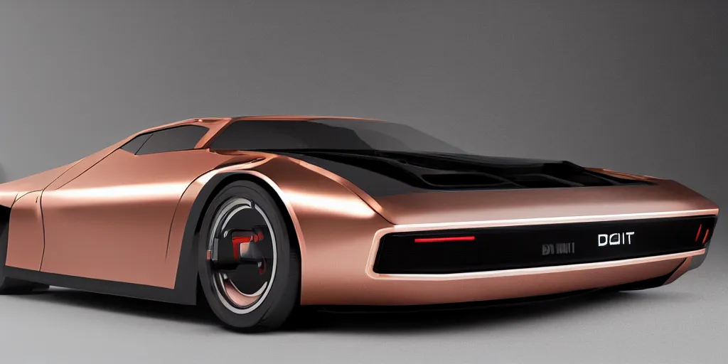 Prompt: a design of a futuristic DMC Delorian, designed by Polestar, blade runner background, front and back view, antique copper car paint with white pin-line accent detailing, black windows, sportscar, dark show room, dramatic lighting, hyper realistic render, depth of field