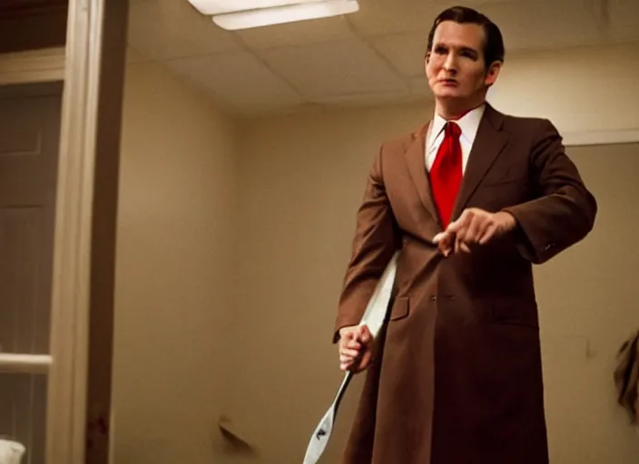 Image similar to film still of ted cruz as patrick bateman wearing a bloody poncho holding a knife in american psycho