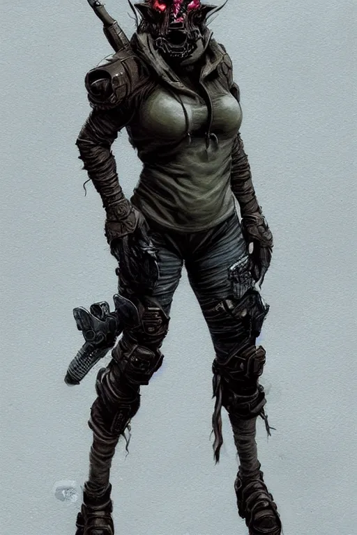 Image similar to gina carano as a shadowrun ork with prothesis metallic left arm, tusk, casual black clothing, muscular, realistic proportions, casual pose, large portrait, sci - fi, rpg character, digital painting, artstation, concept art, smooth, 8 k frostbite 3 engine, ultra detailed, art by artgerm and greg rutkowski and magali villeneuve