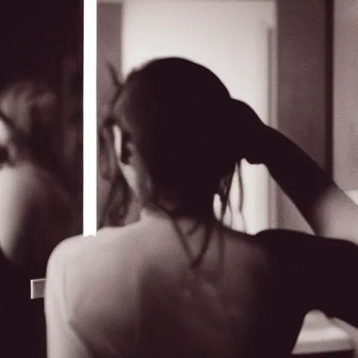 Prompt: black and white photograph of a girl crying into her arms in front of a bathroom mirror