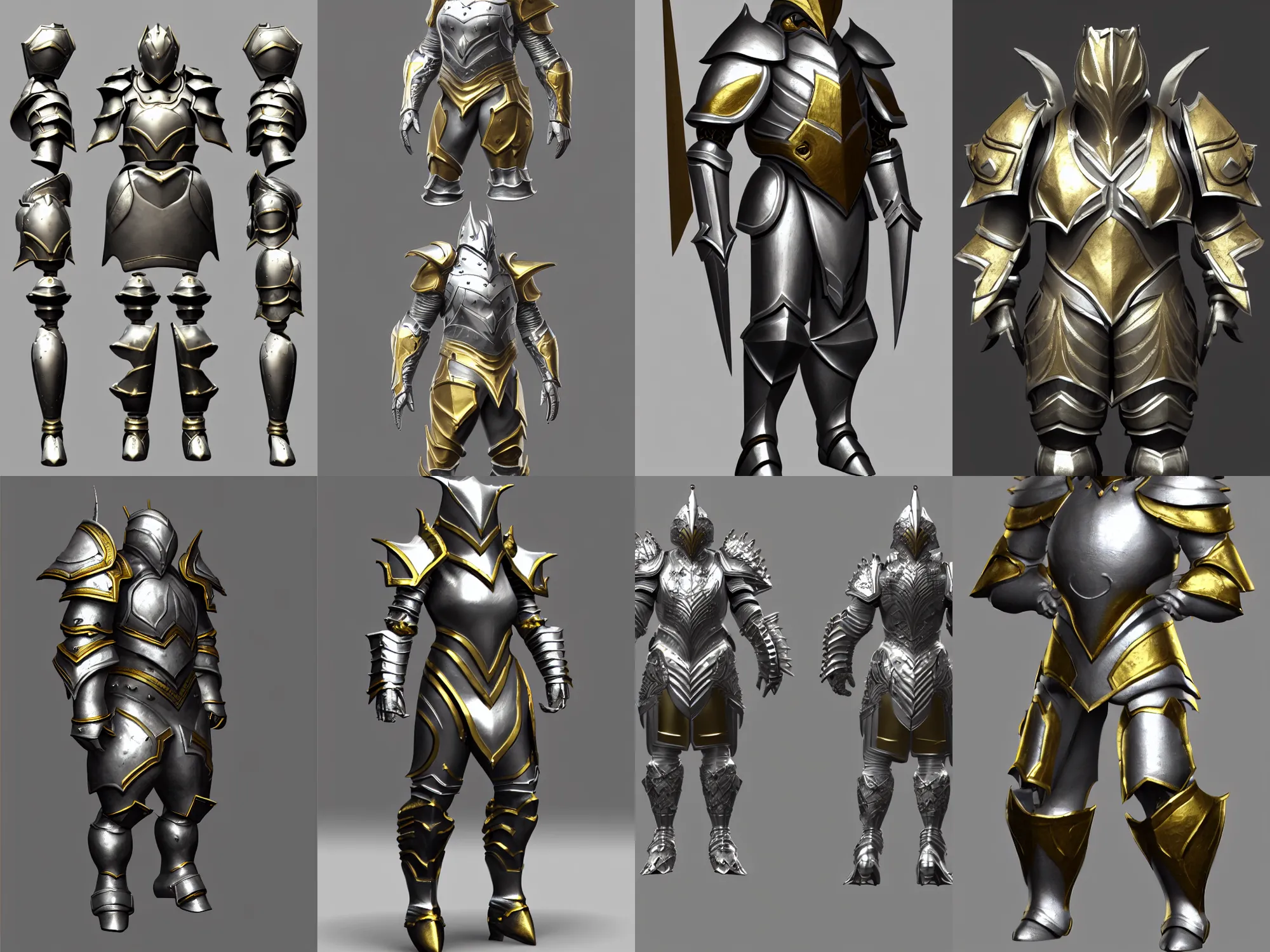 Prompt: render of heavy fantasy armor, silver with gold trim, extremely clean, awesome, exaggerated proportions, trending on Artstation, fantasy character concept