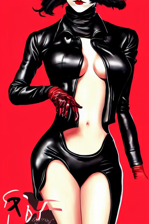 Prompt: dreamy girl character with perfect body in a nice black leather suit and red lips, very artistic pose, background in blurred, perfect lighting. professional design. great composition, illustration, highly detailed, digital painting, concept art, trending on artstation, by katsuya terada