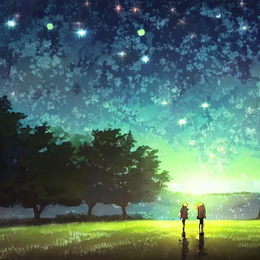 Image similar to Starry night, dreamy world, makoto shinkai, pixiv scenery art, light refraction