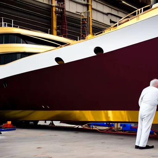 Image similar to wrinkled hunchbacked old man in musty burgundy suit, polishing painting the side of a huge gold plated mega yacht with a cloth, maintenance photo