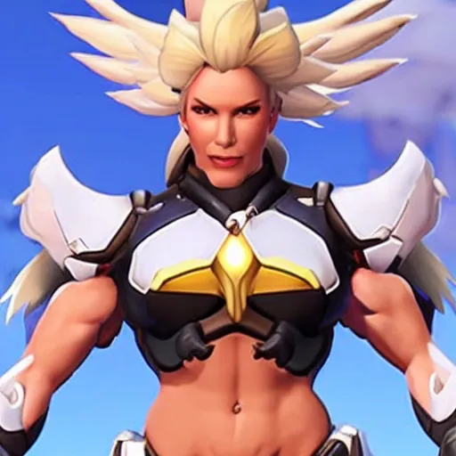 Image similar to a screenshot of arnold schwarzenegger as mercy in overwatch