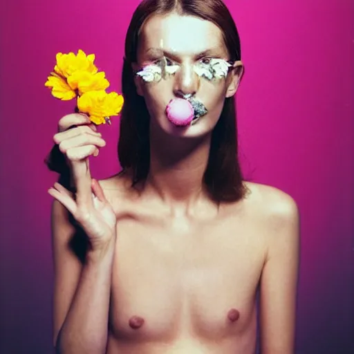 Image similar to a studio close - up portrait of a a fashion model smelling a plastic toy flower. surreal photograph, lo - fi, polished look, silly and serious, hermes ad, fashion photography, toiletpaper magazine by pierpaolo ferrari and maurizio cattelan, 3 5 mm photograph, colourful, by pierpaolo ferrari, maurizio cattelan, david lachapelle