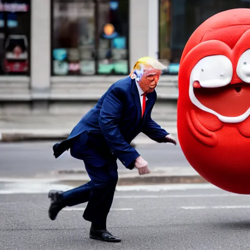 Image similar to Donald Trump being chased by a sentient humanoid sausage, Canon EOS R3, f/1.4, ISO 200, 1/160s, 8K, RAW, unedited, symmetrical balance, in-frame