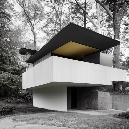 Image similar to second story elevated white brutalist home perched atop 2 equidistant separated large piers, double cantilevered design, large windows, elegant, white stone, proportion, golden ratio, epic composition, steel window mullions, cars parked underneath